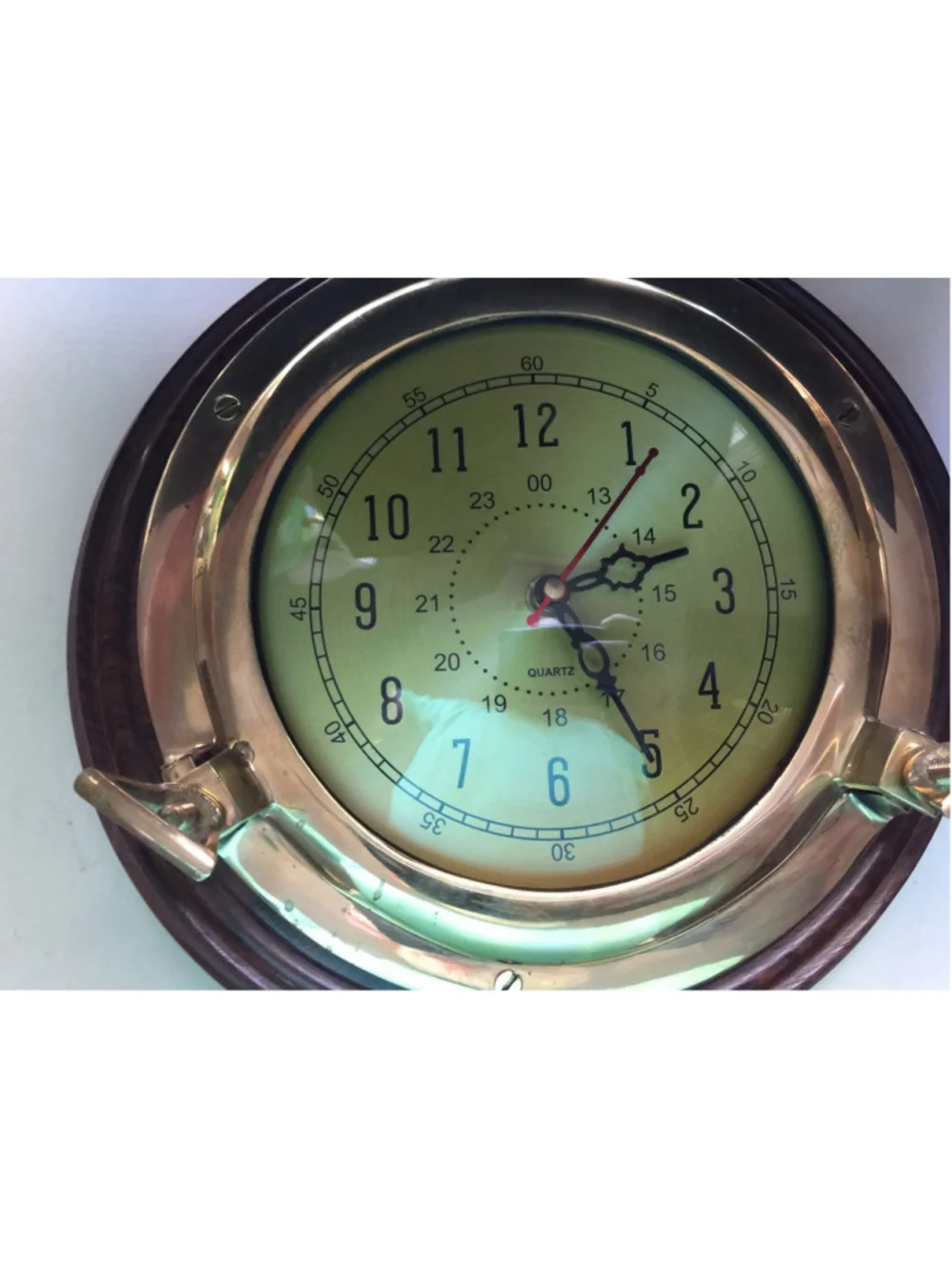 Nautical Ship’s Clock Porthole Look Brass & dark wood 10 Inch Working